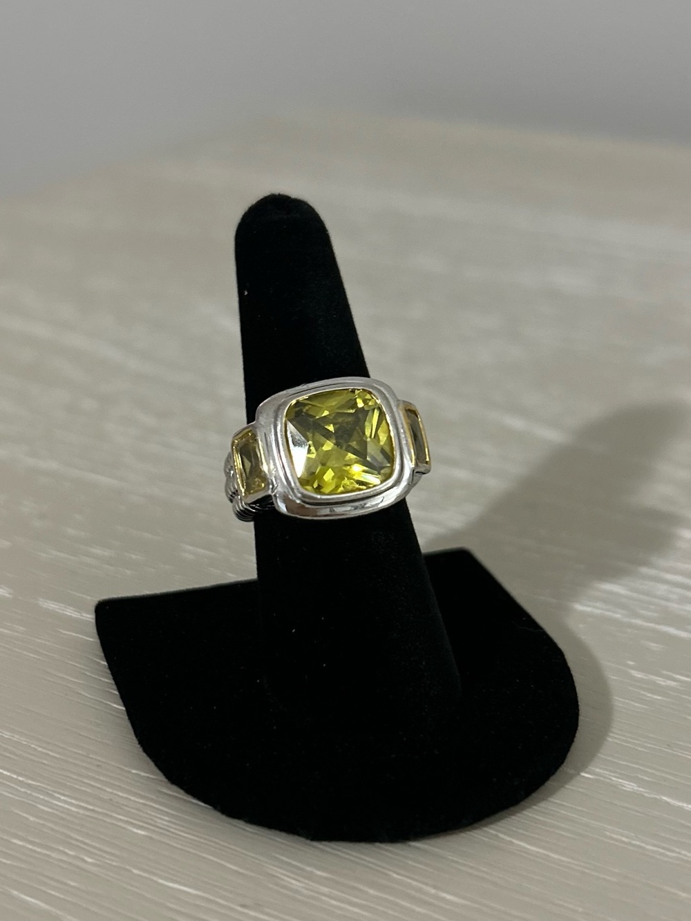 Silver Faux Peridot Cushion Cut Statement Ring